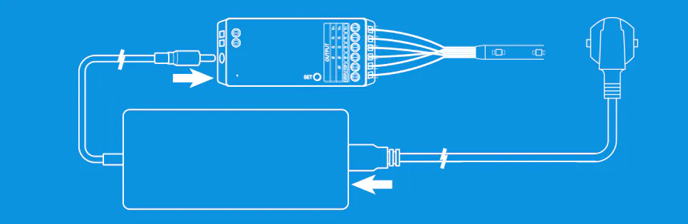 LED strip installatie met LED driver (DC kabel) en controller